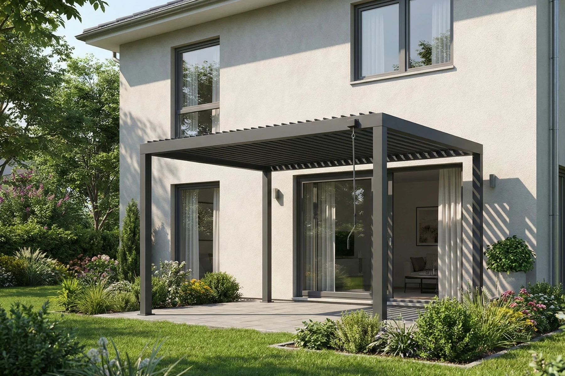 Eine manuelle Pergola vor einem haus.