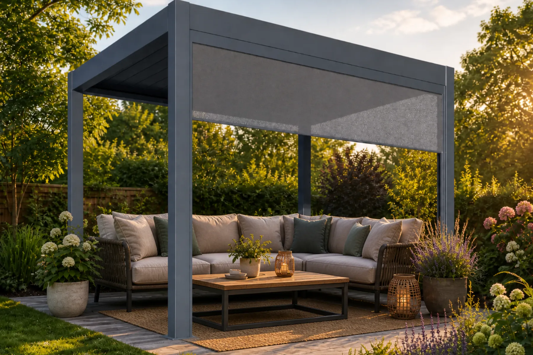Pergola im Garten mit Couch